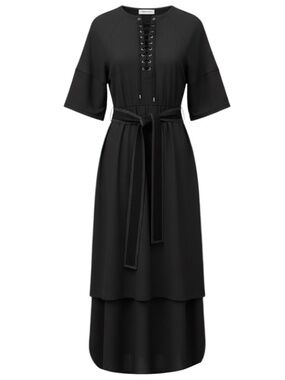 YIGAL AZROUEL BLACK LACE UP PUCKERED HIGH LOW MIDI DRESS WITH BELT